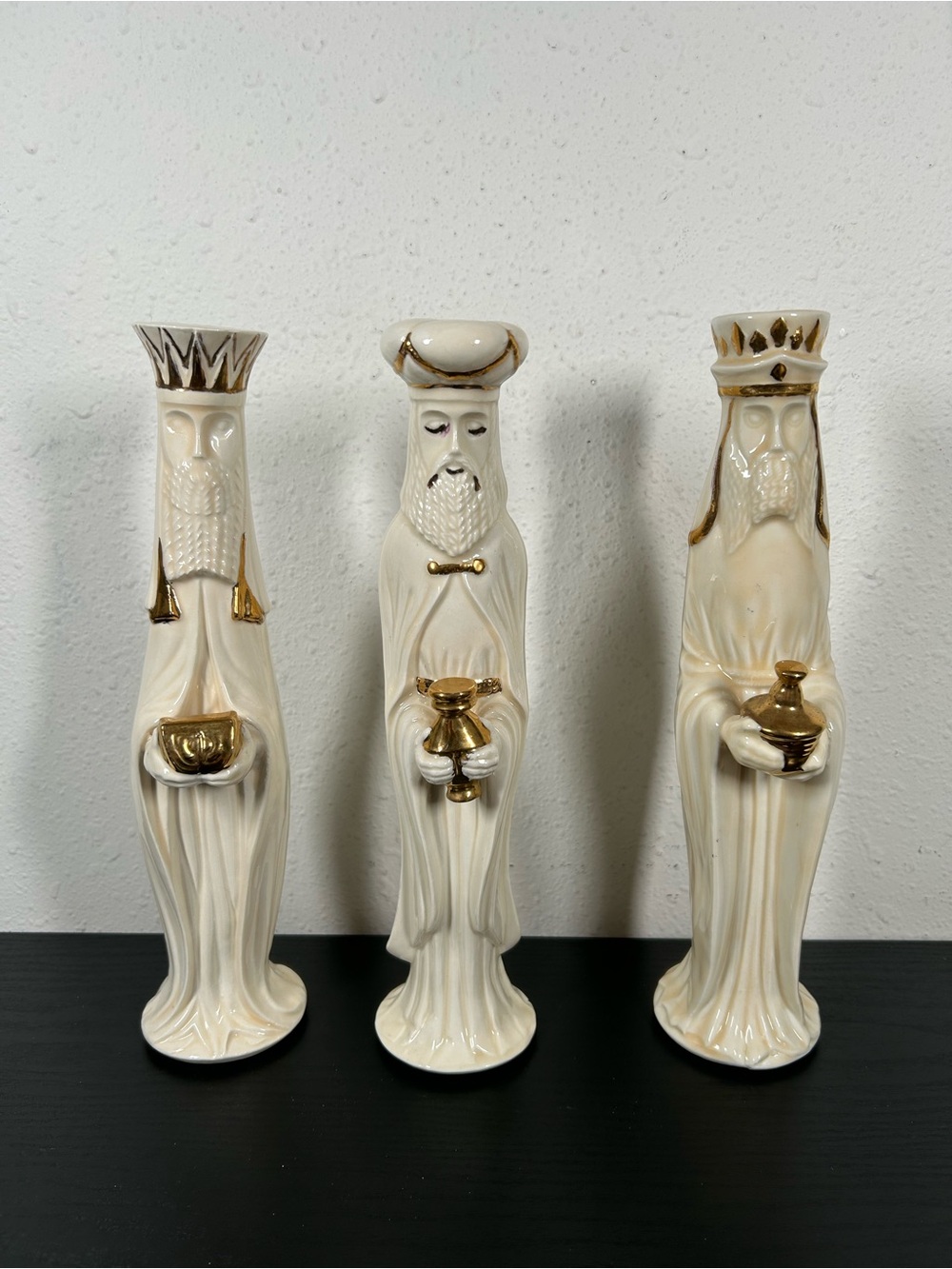 Set of Three Wise Men Figures MCM Ceramic with Guilded Gold 11.5" Tall Vintage